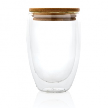 Logotrade Werbeartikel das Foto: Doppelwandiges Borosilikatglas mit Bambusdeckel 350ml