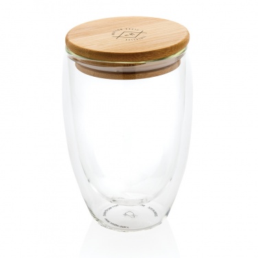 Logotrade Werbeartikel das Foto: Doppelwandiges Borosilikatglas mit Bambusdeckel 350ml