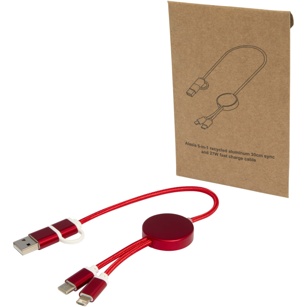 Logotrade Werbeartikel das Foto: Alasia 30 cm 5-in-1 Kabel aus recyceltem Kunststoff für Datenübertragung und 27W Schnellladung