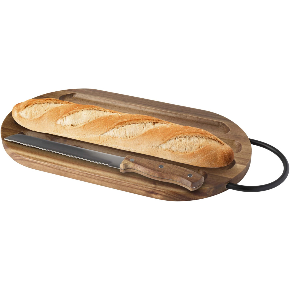 Logotrade Geschäftsgeschenke das Foto: Prestige Akazienholz Schneidebrett mit Brotmesser