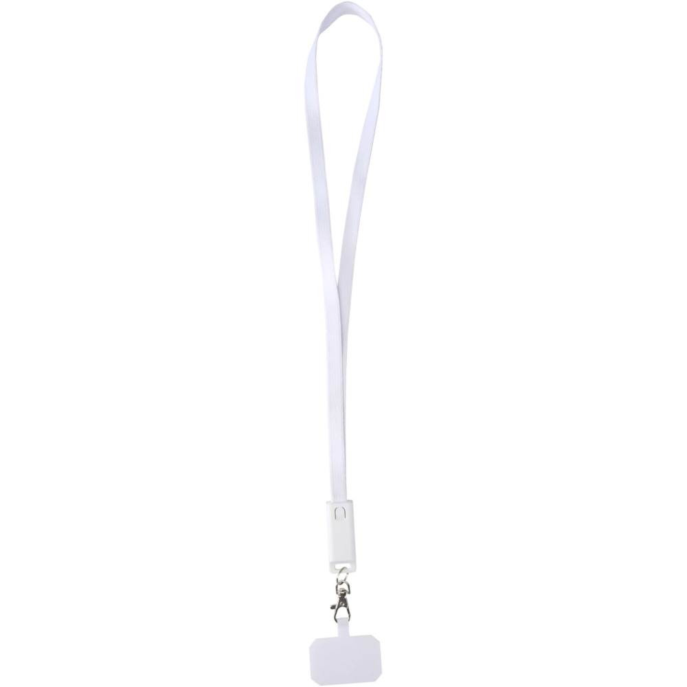 Logotrade Firmengeschenke das Foto: Franz 5 in 1 Lanyard Kabel aus recyceltem Kunststoff für Smartphones mit integrierter Datensynchronisierung und 65 W Schnellladefunktion