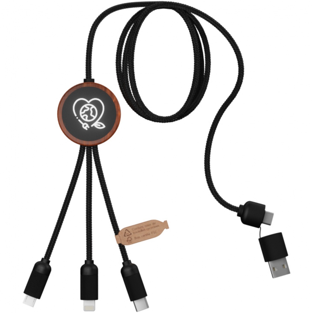 Logo trade promotional gifts image of: SCX.design C37 5-in-1 rPET light-up logo charging cable with round wooden casing