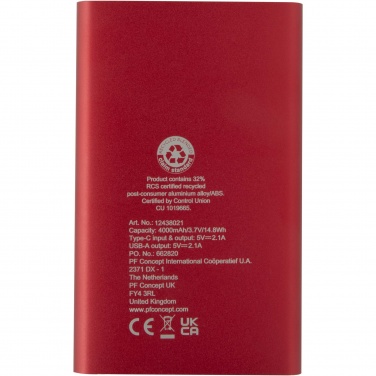 Logotrade advertising product image of: Pep 4000 mAh Type-C recycled aluminium power bank 