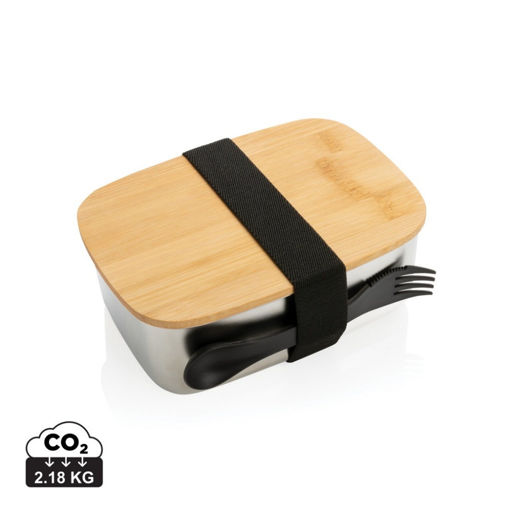 Logotrade advertising products photo of: Stainless steel lunchbox with bamboo lid and spork