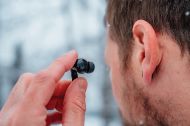 Logo trade promotional giveaway photo of: Skywave RCS recycled plastic solar earbuds