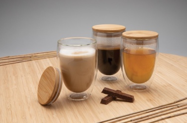 Logo trade corporate gift photo of: Double wall borosilicate glass with bamboo lid 350ml 2pc set