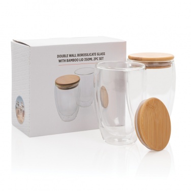 Logo trade advertising products image of: Double wall borosilicate glass with bamboo lid 350ml 2pc set