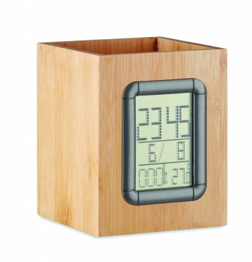 Logo trade business gifts image of: Bamboo pen holder and LCD clock