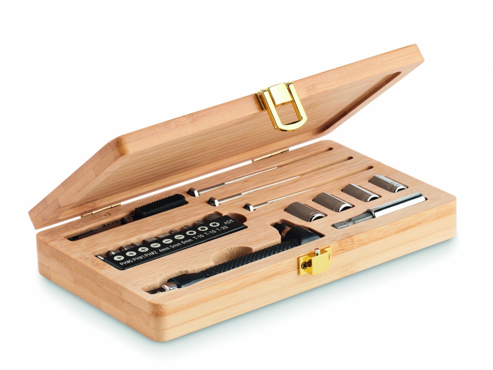 Logo trade promotional gifts picture of: 21 pcs tool set in bamboo case