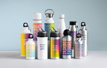 Logo trade promotional products image of: Single-walled 500 ml aluminum bottle with a PP cap and a silicone strap