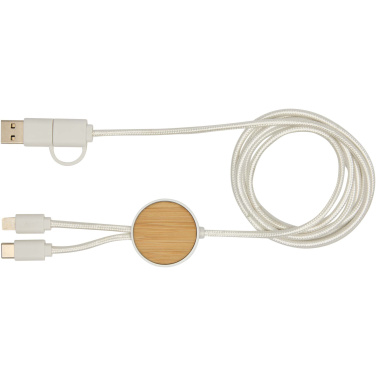 Logo trade business gift photo of: Chechia 5-in-1 recycled plastic 150 cm data sync and 27W fast charge cable with bamboo details