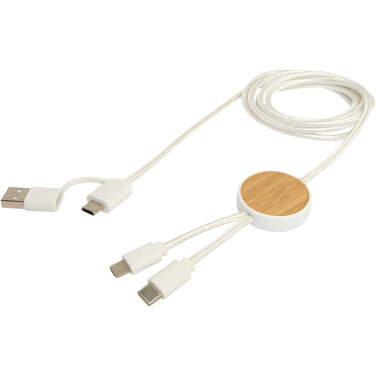 Logo trade promotional gifts image of: Chechia 5-in-1 recycled plastic 150 cm data sync and 27W fast charge cable with bamboo details