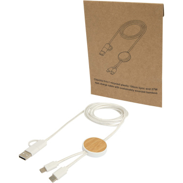 Logo trade business gift photo of: Chechia 5-in-1 recycled plastic 150 cm data sync and 27W fast charge cable with bamboo details