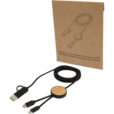 Logo trade business gift photo of: Chechia 5-in-1 recycled plastic 150 cm data sync and 27W fast charge cable with bamboo details