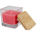 Ambra square glass candle with bamboo lid, Red
