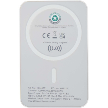 Logo trade promotional giveaways image of: Acrab 10.000 mAh 15W magnetic wireless power bank with 20W PD - made from recycled plastic