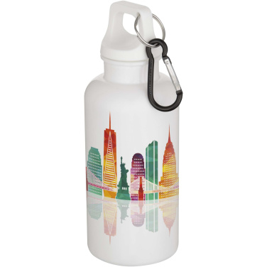 Logo trade business gifts image of: Oregon 400 ml solid colour RCS recycled plastic water bottle with carabiner
