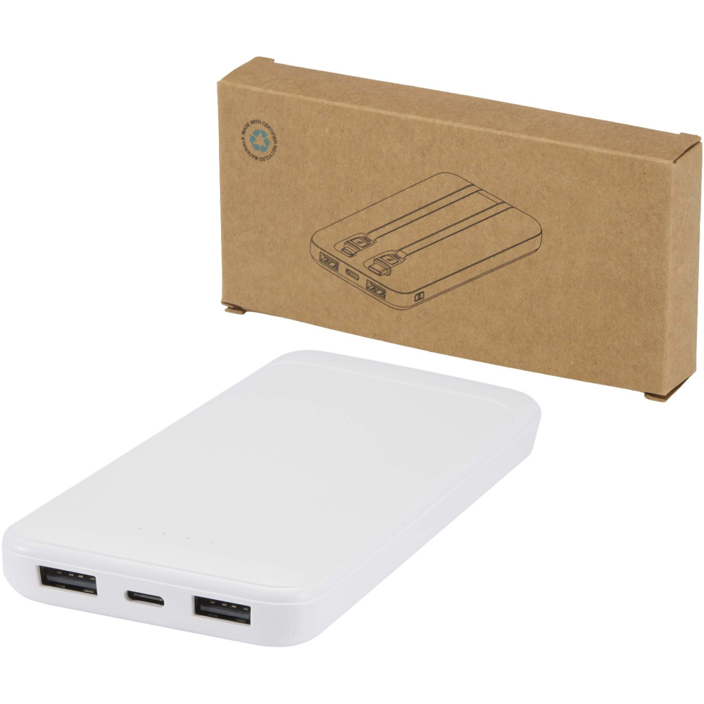 Logo trade mainoslahja kuva: Adhil 10 000 mAh:n ja 10 W:n kierrätetystä muovista valmistettu varavirtalähde, jossa on kaksi sisäänrakennettua kaapelia