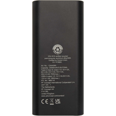 Logotrade firminės dovanos nuotrauka: „Acamar“ 20 000 mAh 70 W perdirbto aliuminio nešiojamojo kompiuterio išorinė baterija