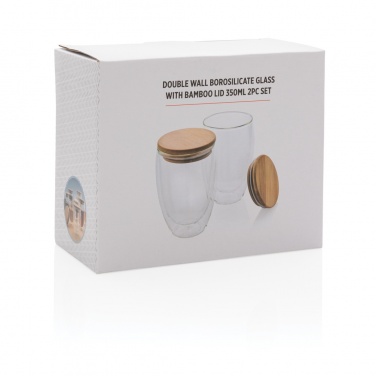 Logotrade kampanjprodukter bild: Dubbelväggigt borosilikatglas med bambulock, 350ml, 2-pack